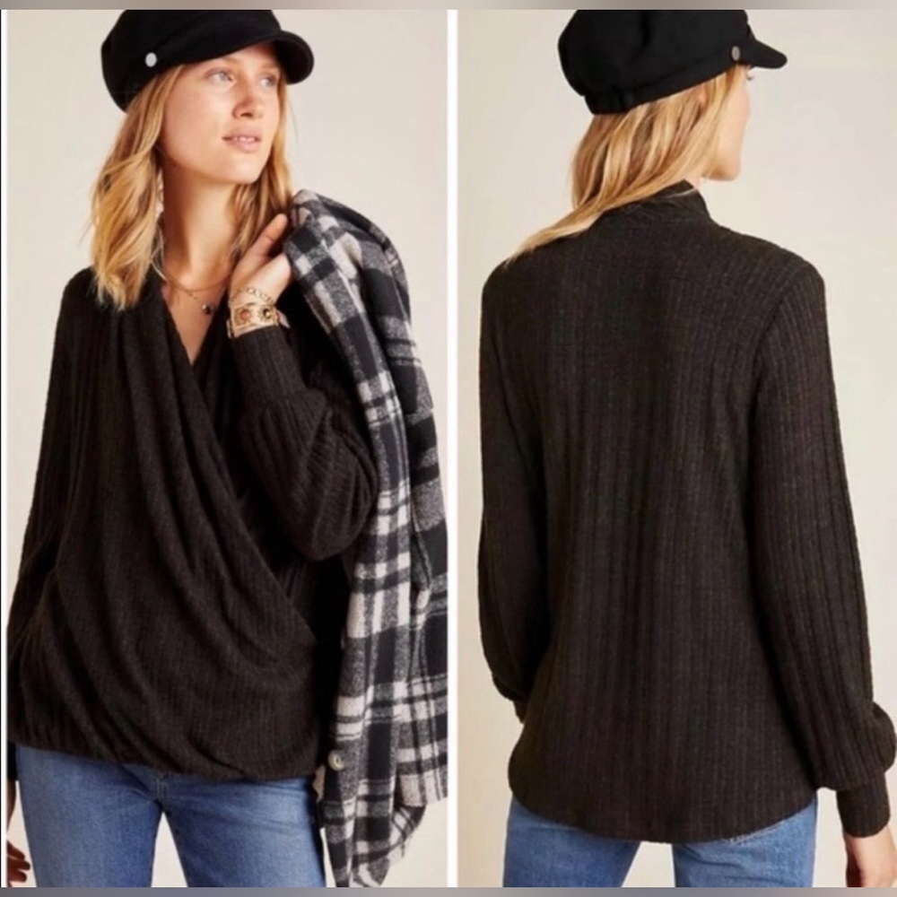 Anthropologie Maeve Rafaela Hacci Surplice Charcoal V-Neck‎ Sweater for Women L